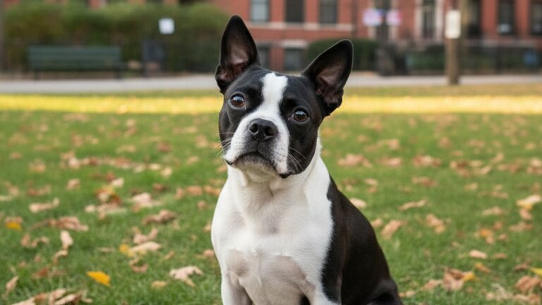 Boston terrier sitting outdoors