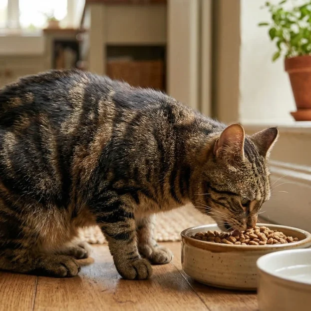 manx cat eating dry food from bowl