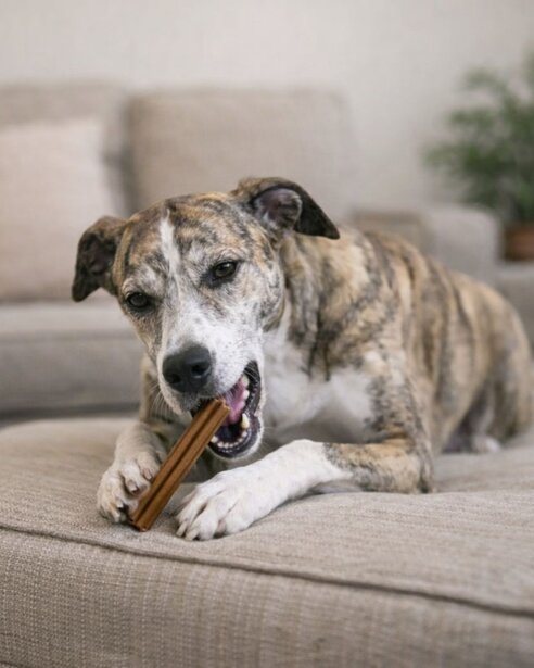 greyhound eating dental chew