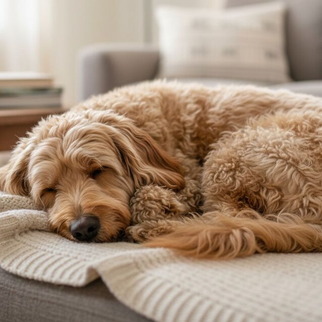 groodle sleeping on blanket