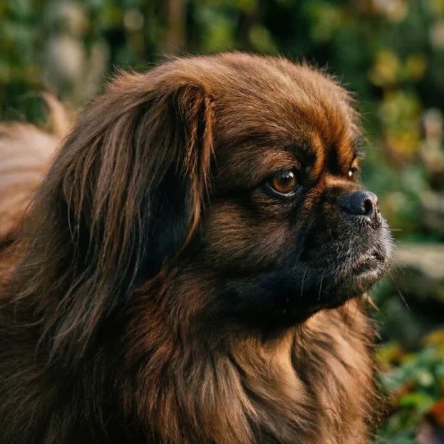A detailed, close-up photograph of a small, long-haired Pekingese, in profile. The dog has a lush, rich chocolate-brown coat with a voluminous mane and is looking upwards and to the right with its large, dark eyes. It is positioned in a sun-dappled outdoor garden setting with a softly blurred background of green foliage, some dry, yellowish autumn leaves, and a light-colored rock. Soft, natural light highlights the texture of the dog's fur.