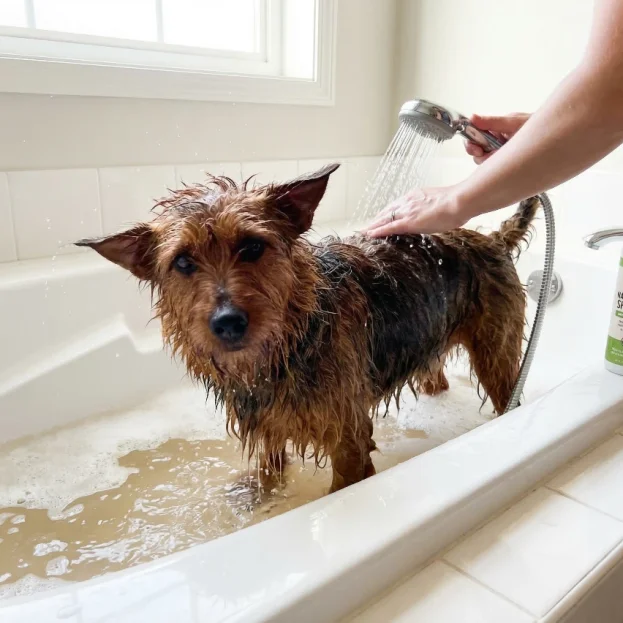 aussie terrier having a bath