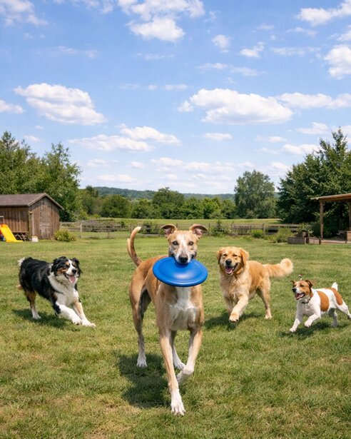 greyhound playing with frisbee and other dogs
