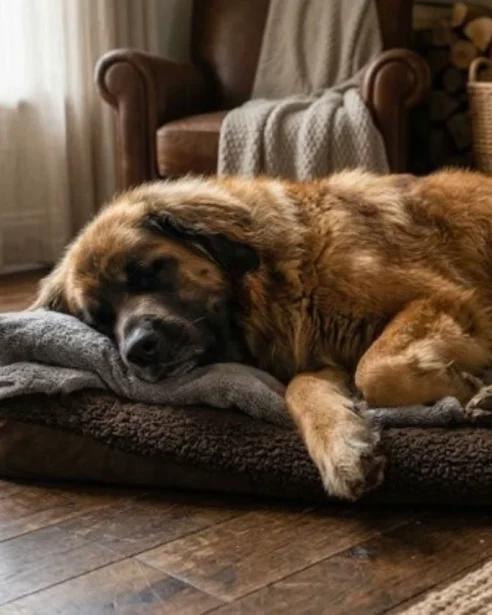 A Leonberger dog sleeping comfortably on a cosy brown pet bed 