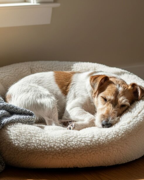 fox terrier sleeping in bed