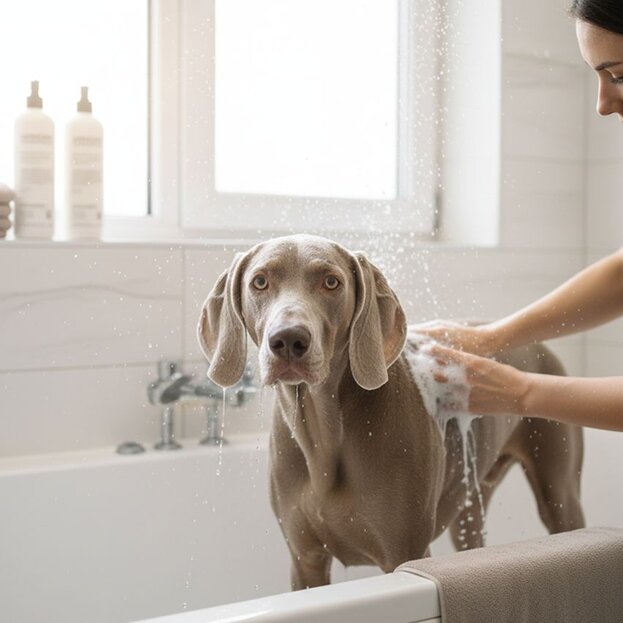weimaraner-getting-bathed