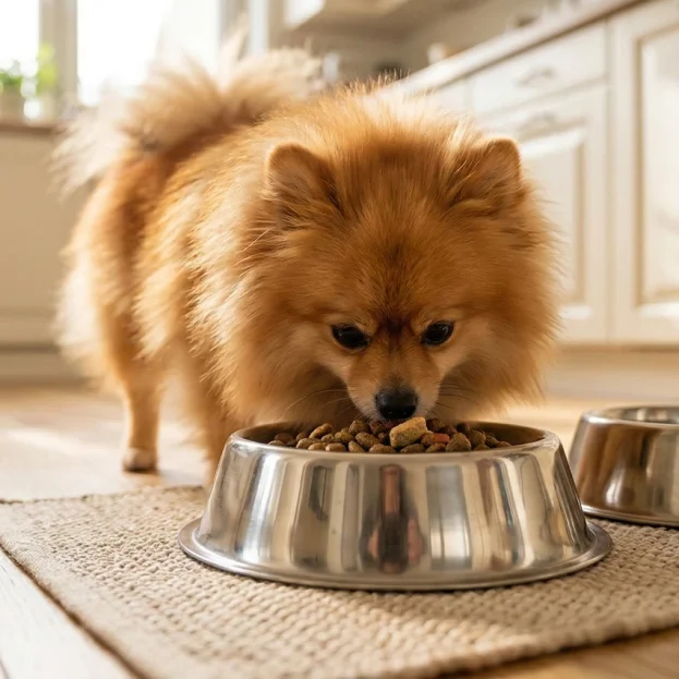 pomeranian eating from stainless steel bowl