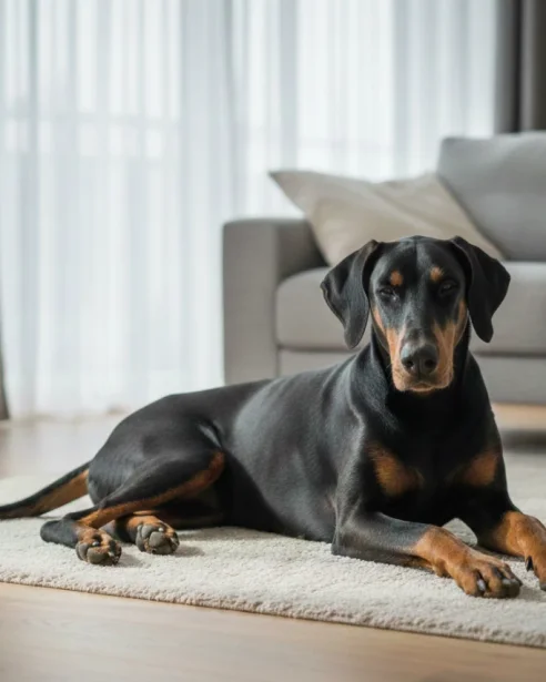 dobermann lying on floor