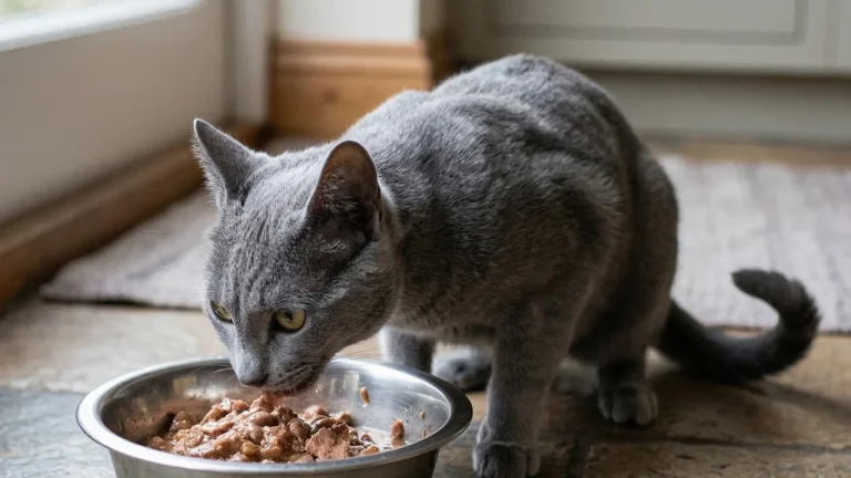russian blue eating wet food from bowl