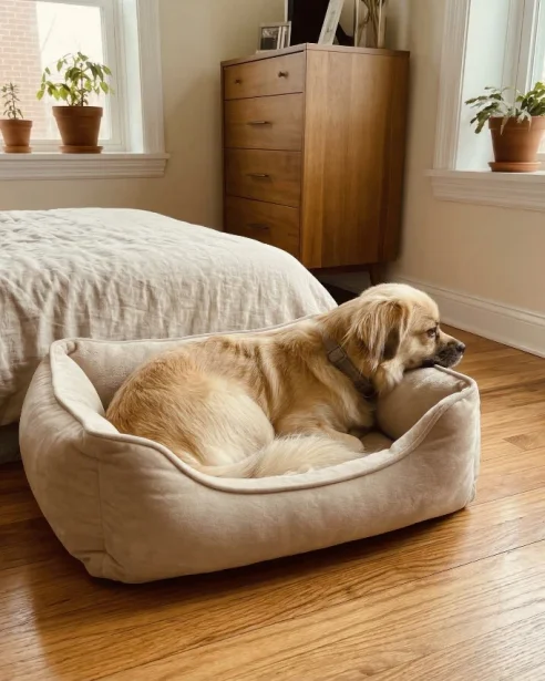tibetan spaniel lying in dog bed