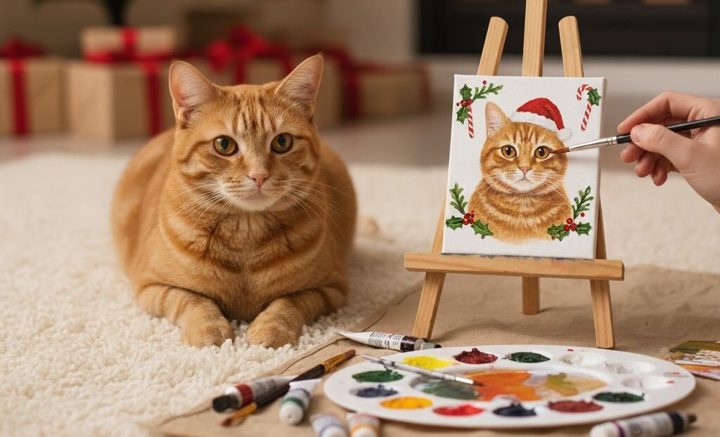 cat lying on carpet in front of christmas tree while cat's portrait is being painted