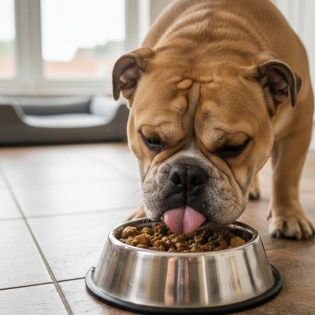 British bulldog eating from bowl