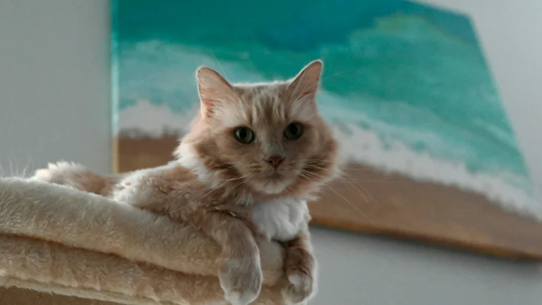 domestic medium hair cat sitting on top of cat tree looking down at camera