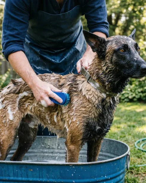 belgian malinois being bathed outdoors