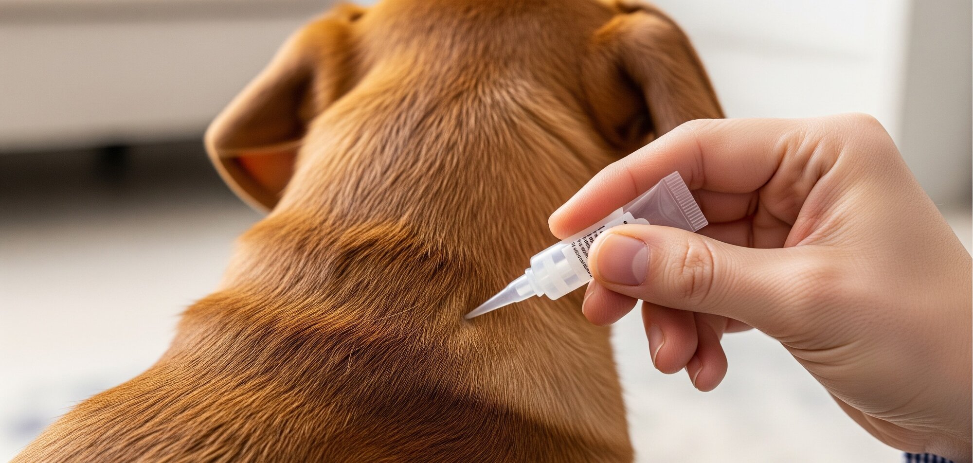 human hand applying topical product to dogs neck