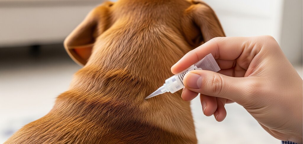 human hand applying topical preventative to dogs neck
