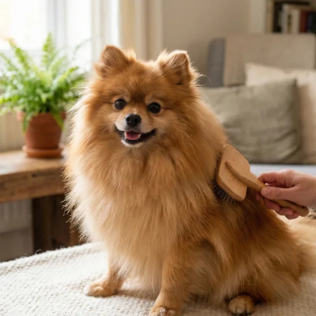 pomeranian being brushed