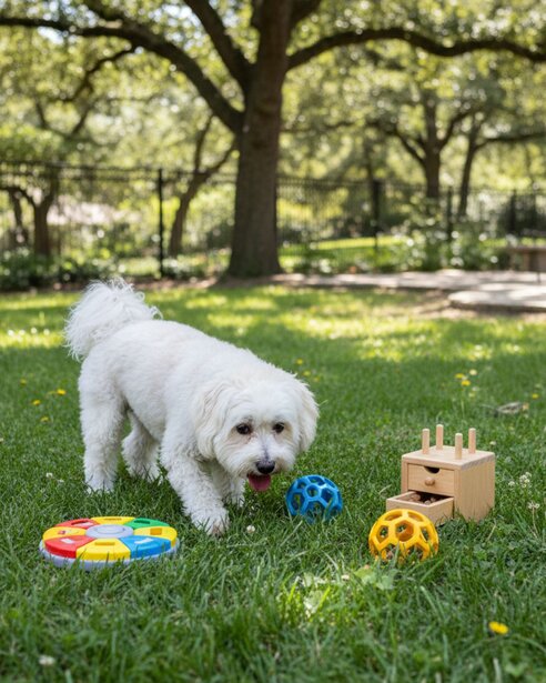 havanese playing outdoors with toys