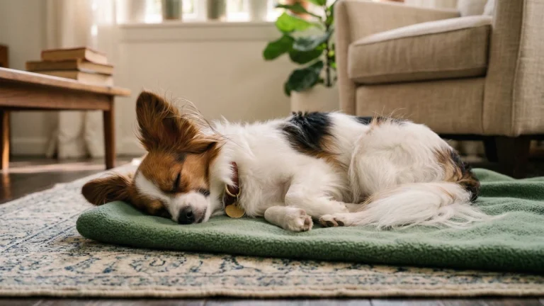 Papillon asleep on mat indoors