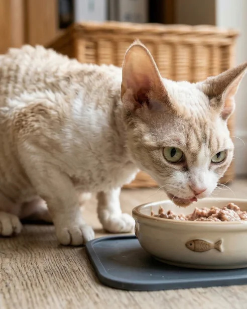 Devon Rex eating wet food from ceramic bowl