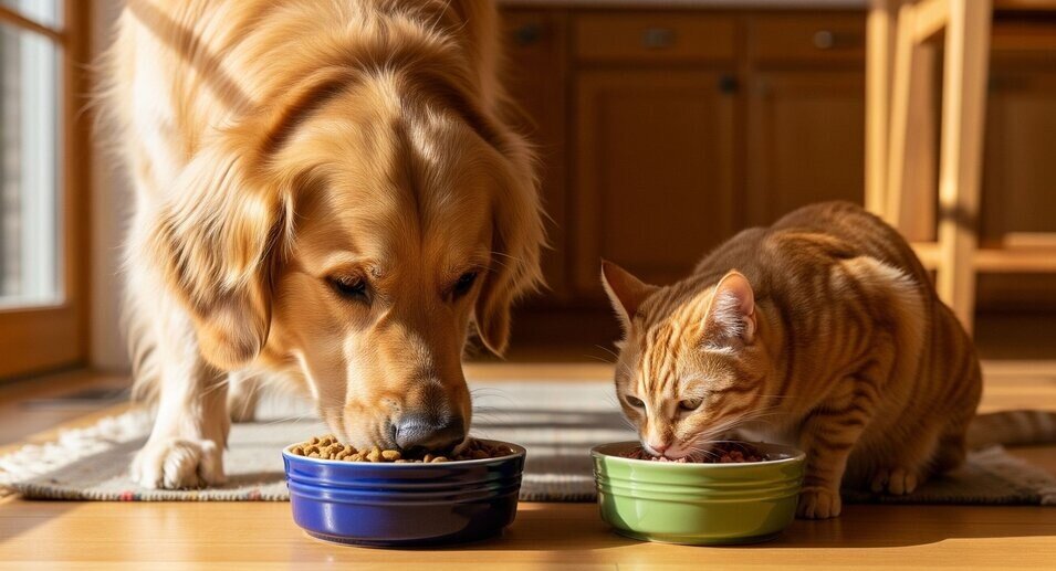 dog and cat eating side by side