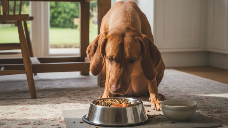 hungarian vizsla eating from a stainless steel bowl