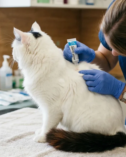 turkish van having parasite preventative applied at vet