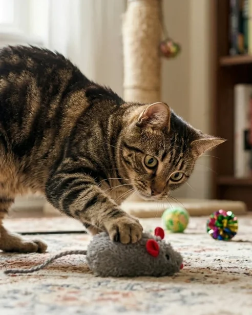 manx cat playing with toys