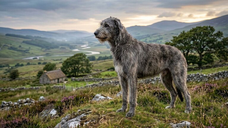 wolfhound standing on hill above valley