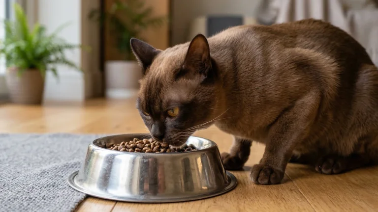 burmese cat eating dry food from bowl