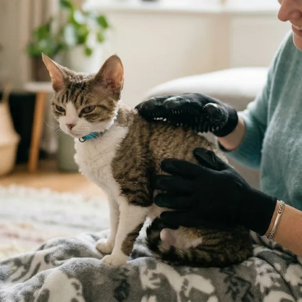 devon rex being groomed with grooming gloves