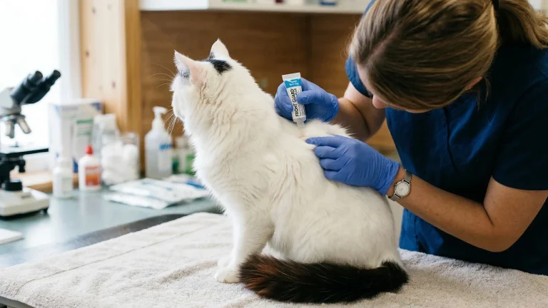 turkish van having parasite preventative applied at vet