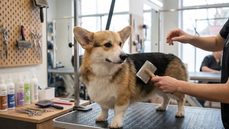 corgi being professionally groomed