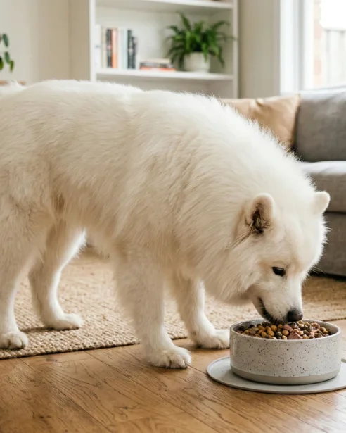 samoyed eating from bowl