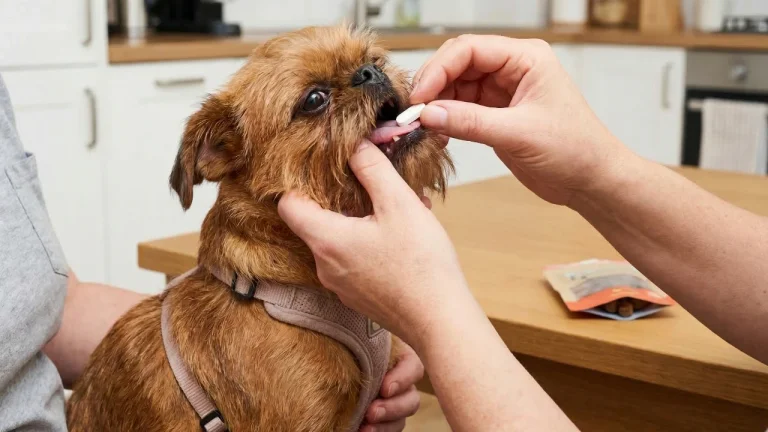 brussels griffon being given a pill