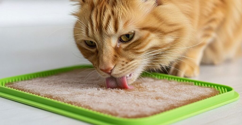 cat licking frozen broth from lick mat