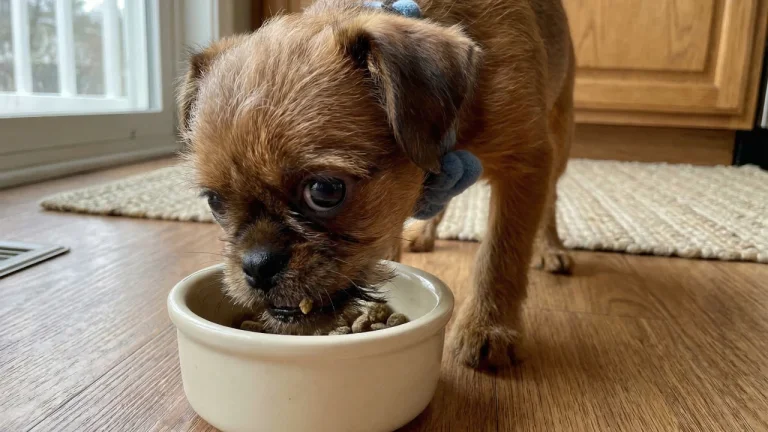 brussels griffon eating dry food from bowl