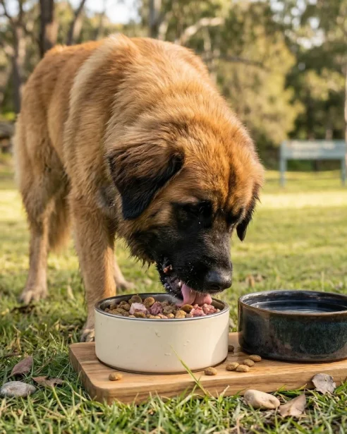 An adult Leonberger dog eating dog food from a bowl