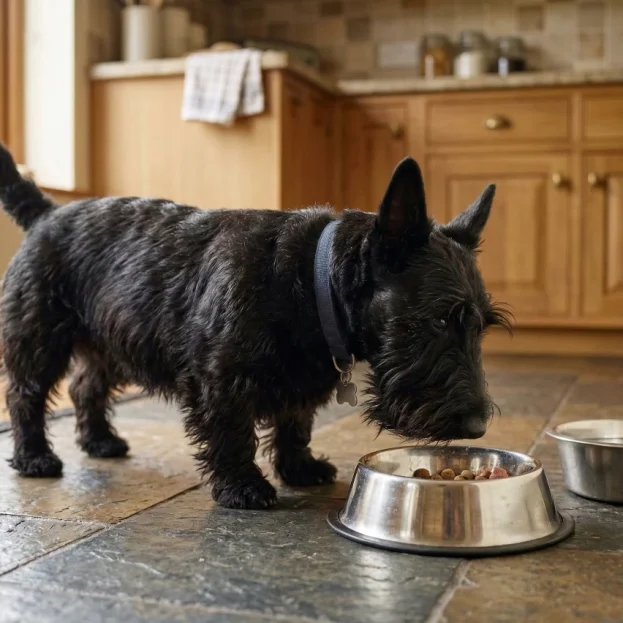 Scottish Terrier eating from stainless steel bowl