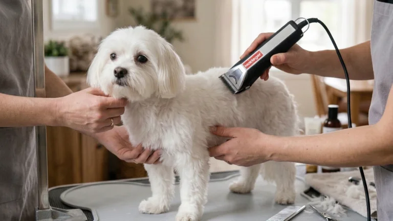 maltese being professionally groomed
