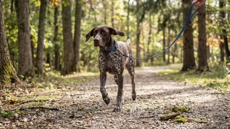german shorthaired pointer on a walk through forest