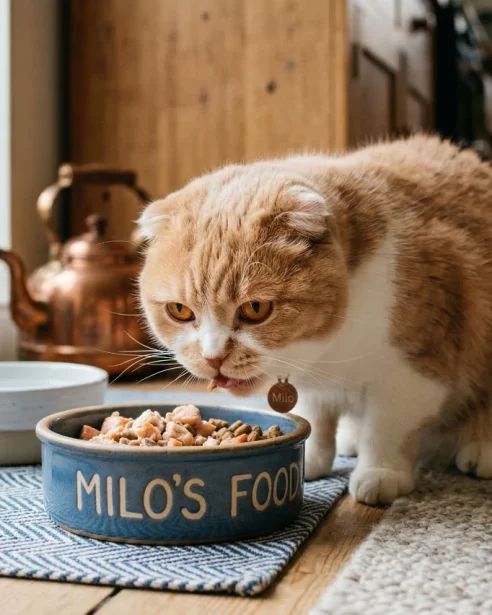 scottish fold eating from ceramic bowl