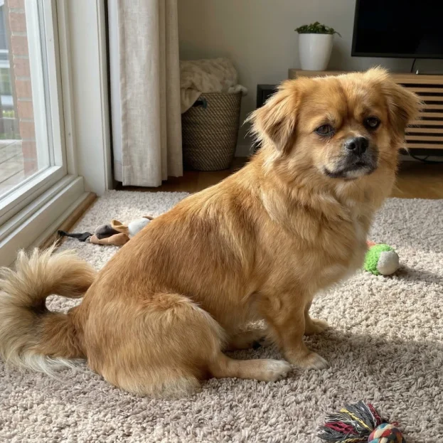 tibetan spaniel sitting on carpet