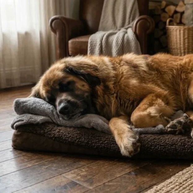 A Leonberger dog sleeping comfortably on a cosy brown pet bed 
