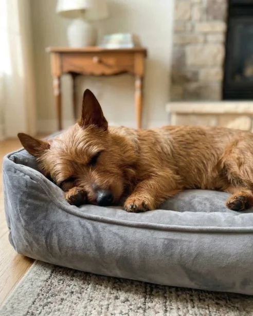 Aussie terrier sleeping on a dog bed indoors