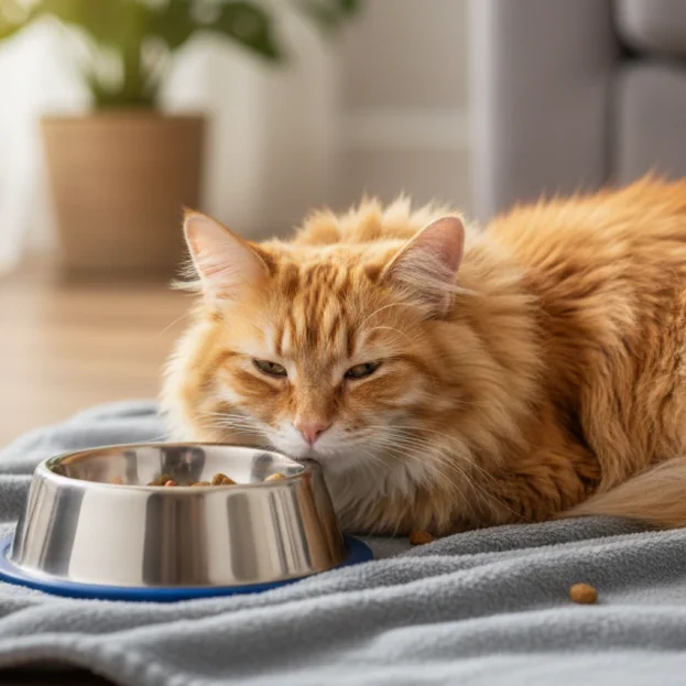 ginger long haired cat lying next to food bowl