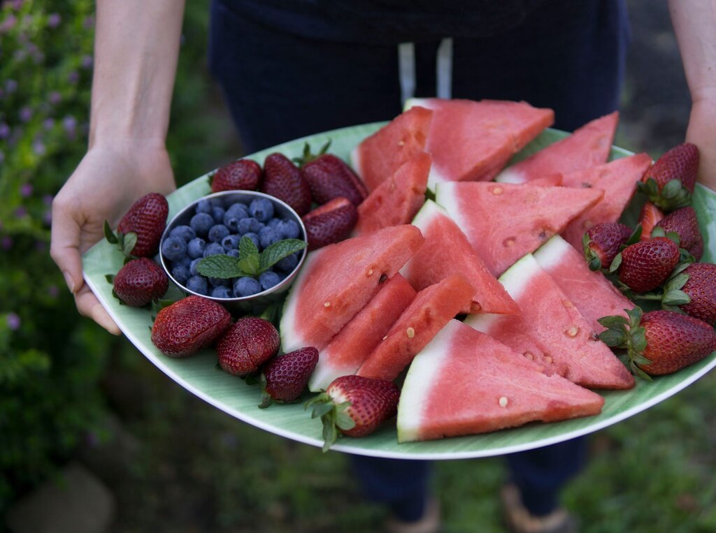 plate of watermelon, blueberries and strawberries