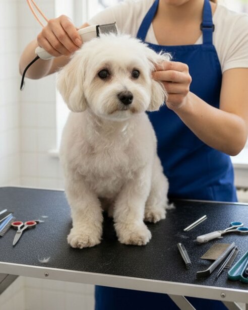 havanese being professionally groomed