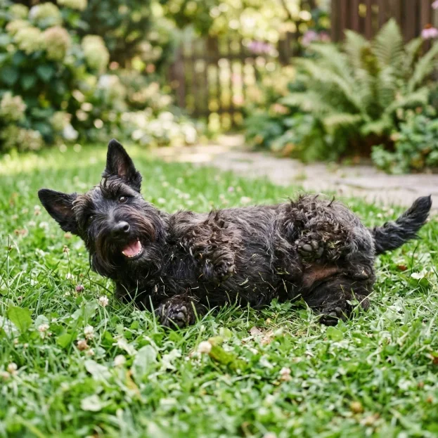 scottish terrier rolling on grass