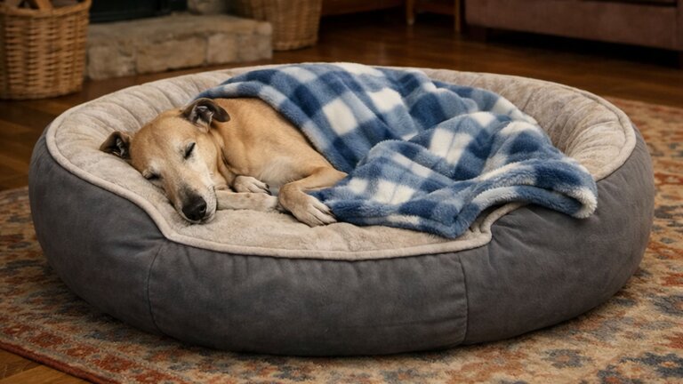 greyhound sleeping on bed